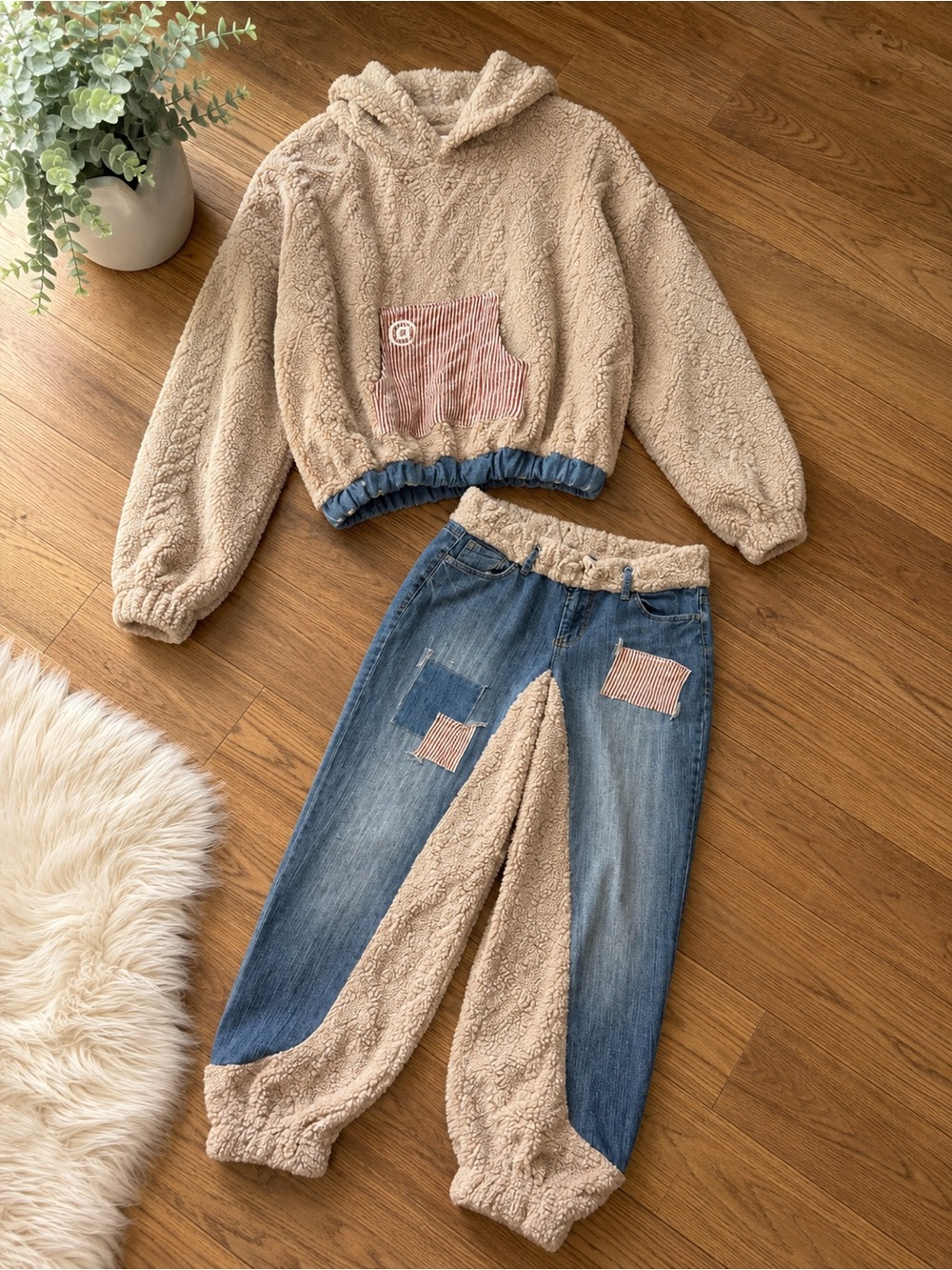 Cozy Teddy Hoodie & Faux-Fur Lined Denim Joggers Set - Cream & Blue